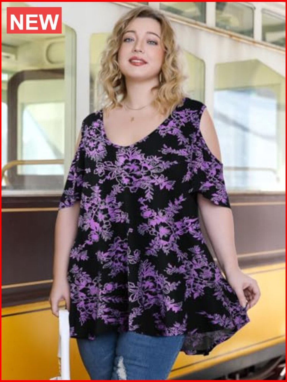 Plus Size V-Neck Cold Shoulder Short Sleeve Tunic Top Loose Fit - Picture 3 of 7
